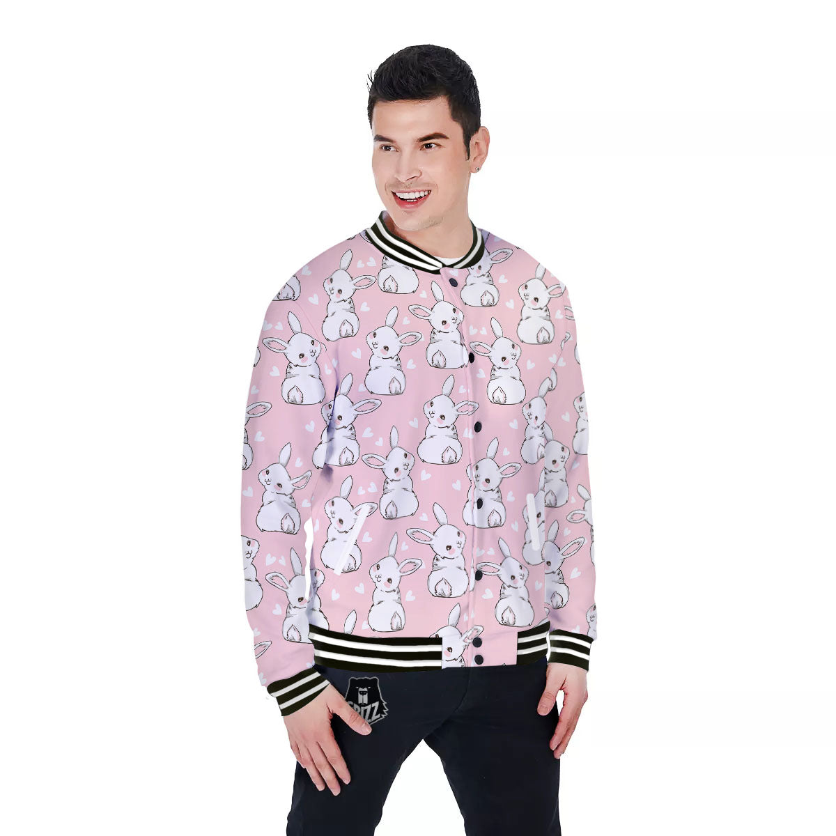 Rabbit Pink Print Pattern Baseball Jacket-grizzshop