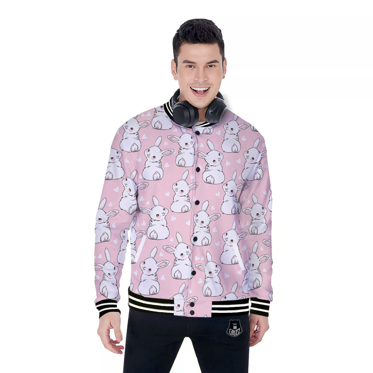 Rabbit Pink Print Pattern Baseball Jacket-grizzshop