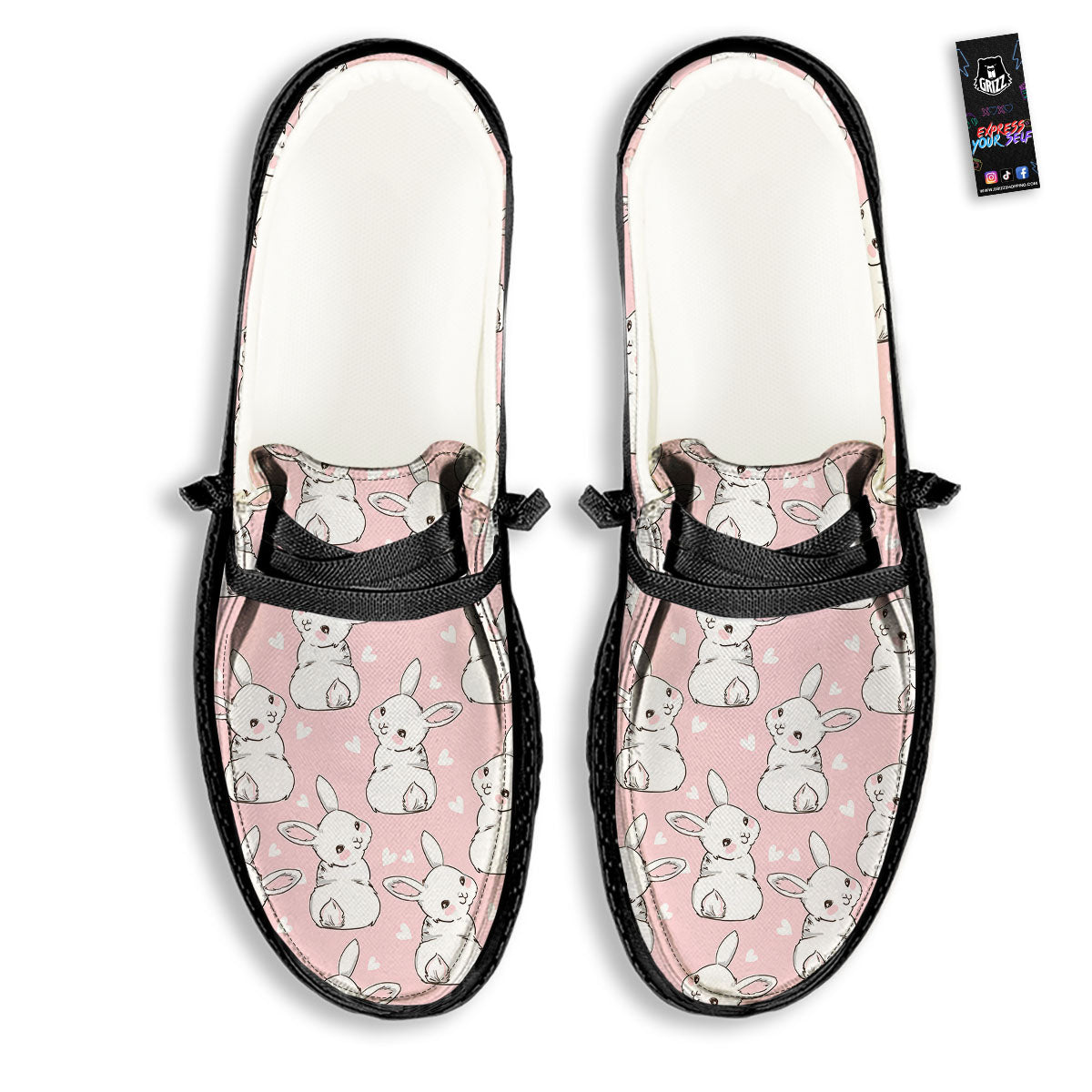 Rabbit Pink Print Pattern Black Loafers-grizzshop