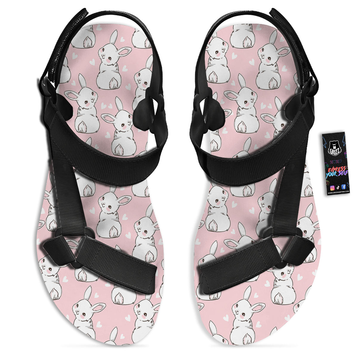 Rabbit Pink Print Pattern Black Open Toe Sandals-grizzshop