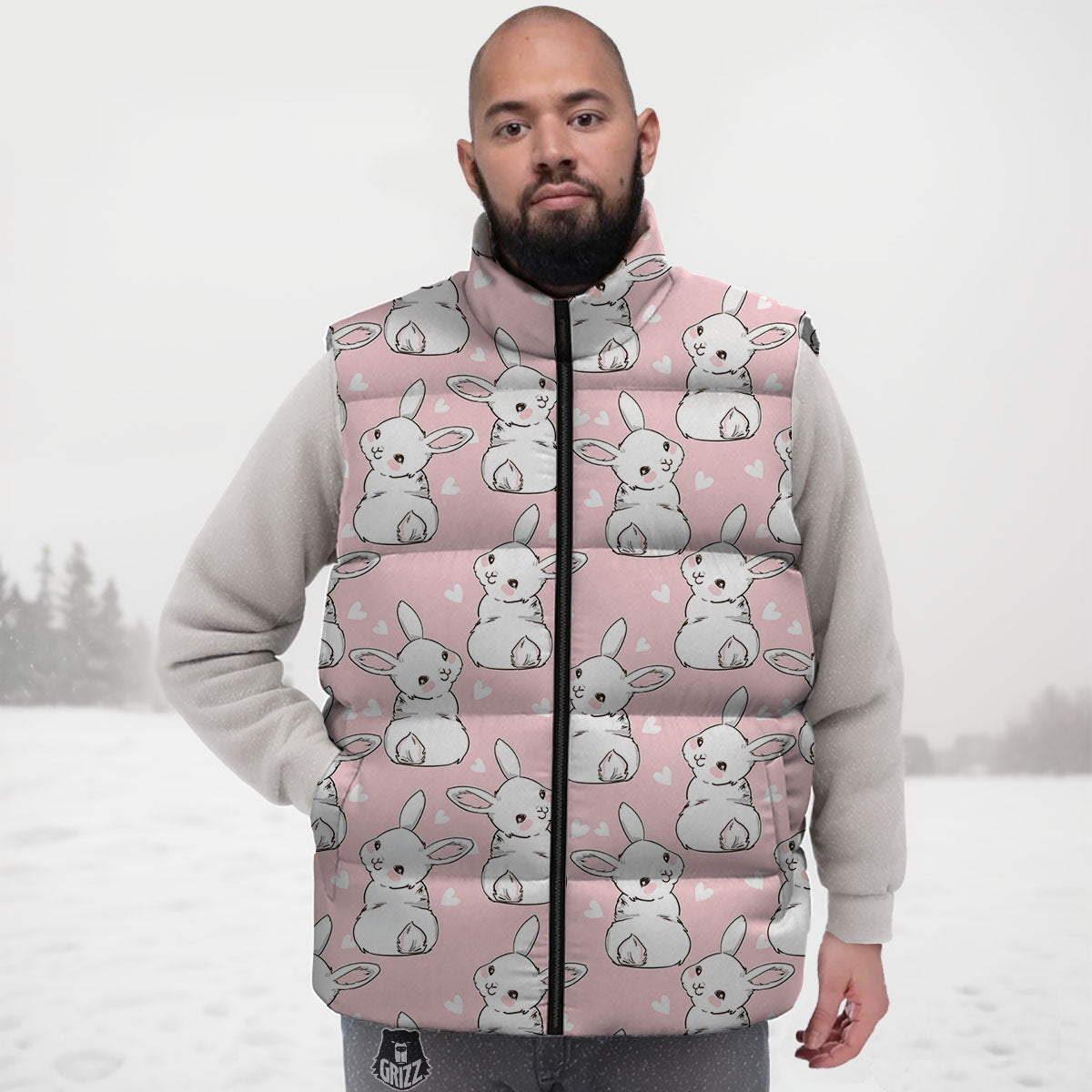 Rabbit Pink Print Pattern Down Vest-grizzshop