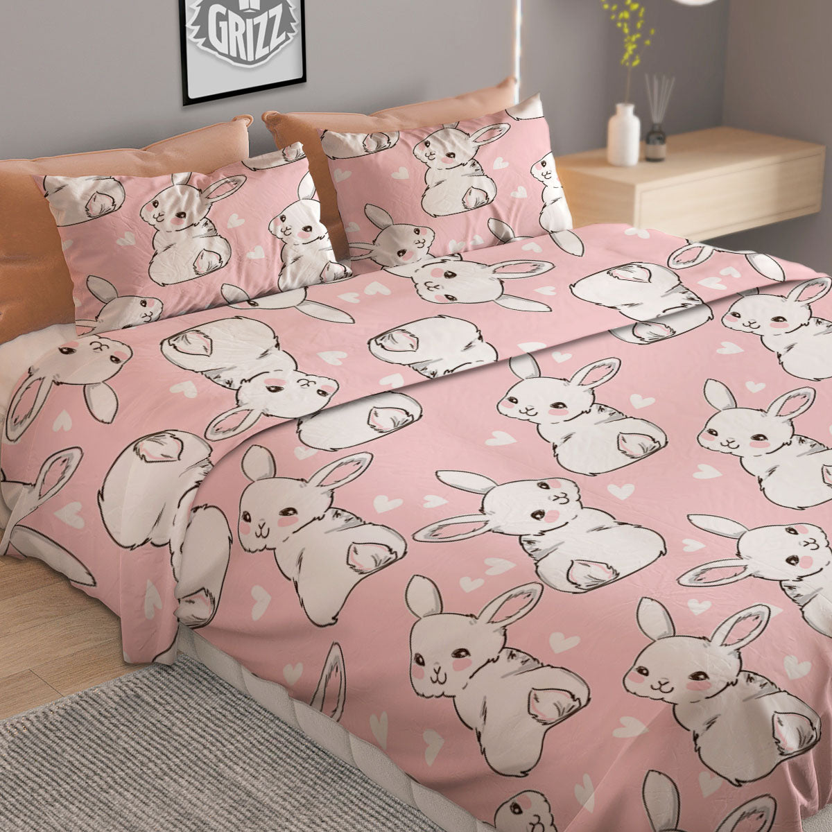 Rabbit Pink Print Pattern Duvet Cover Bedding Set-grizzshop