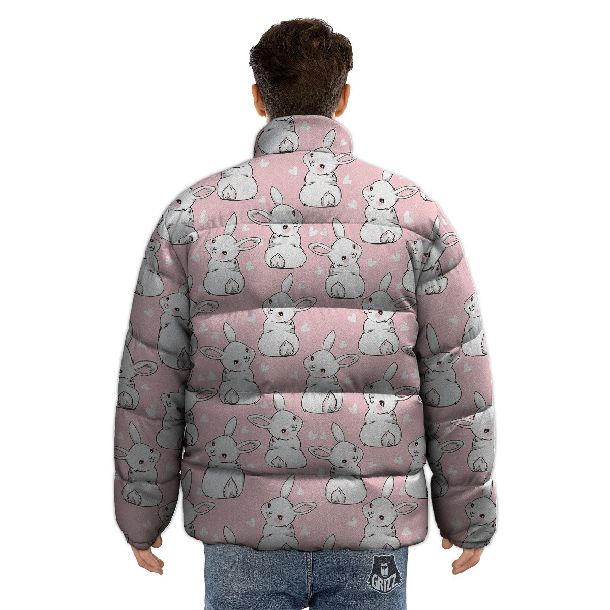 Rabbit Pink Print Pattern Puffer Jacket-grizzshop