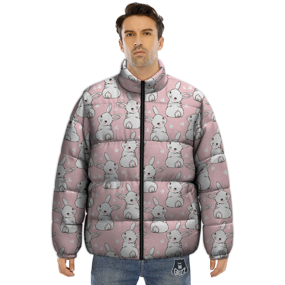 Rabbit Pink Print Pattern Puffer Jacket-grizzshop