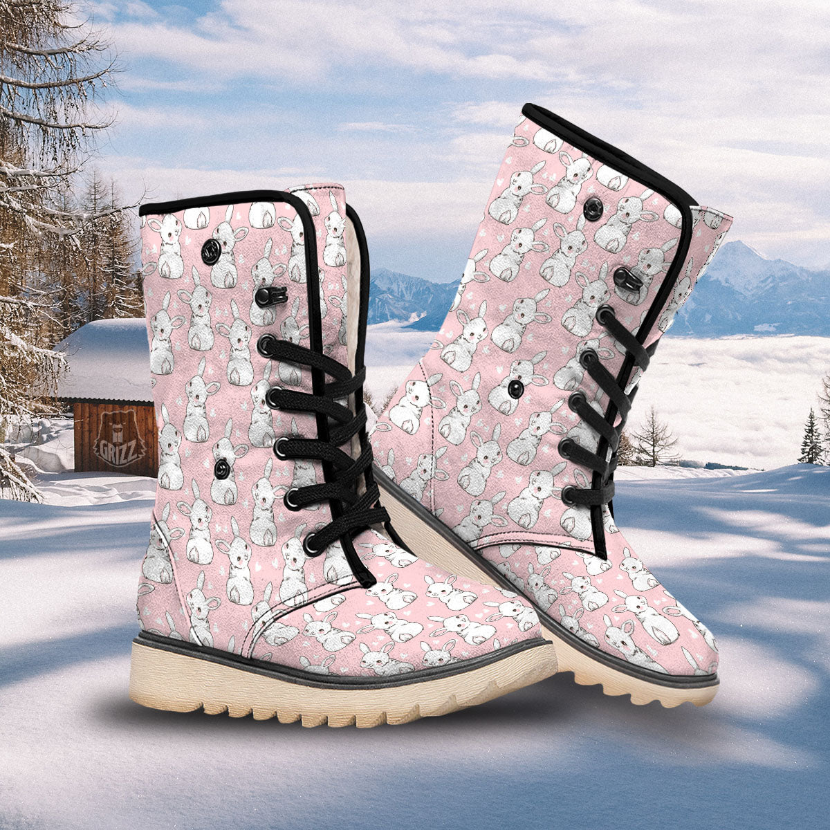 Rabbit Pink Print Pattern Snow Boots-grizzshop