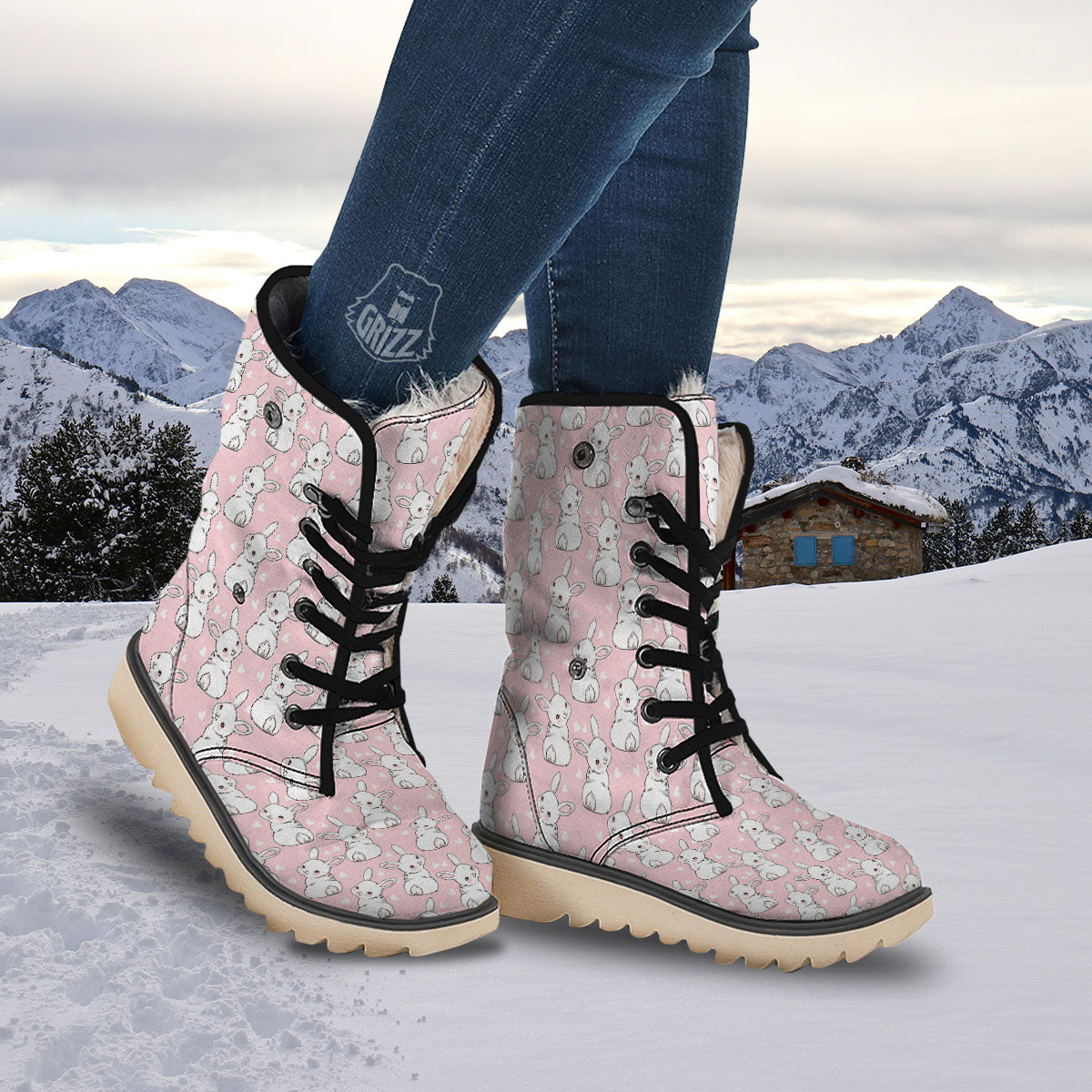 Rabbit Pink Print Pattern Snow Boots-grizzshop
