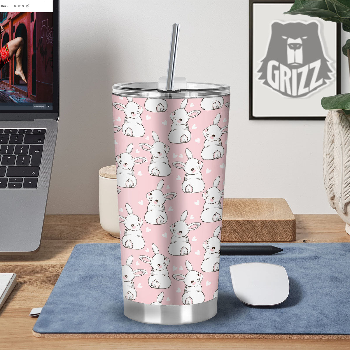 Rabbit Pink Print Pattern Tumbler-grizzshop