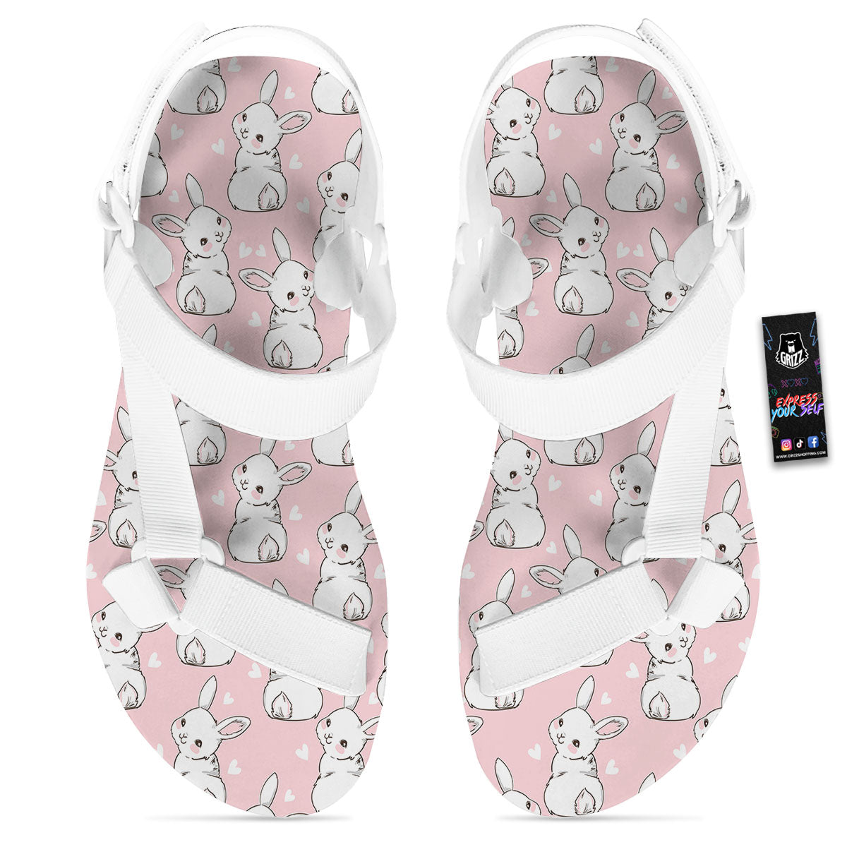 Rabbit Pink Print Pattern White Open Toe Sandals-grizzshop