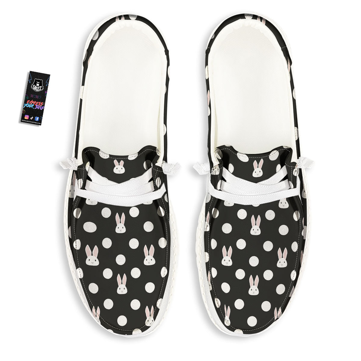 Rabbit Polka Dot Print Pattern Black Loafers-grizzshop