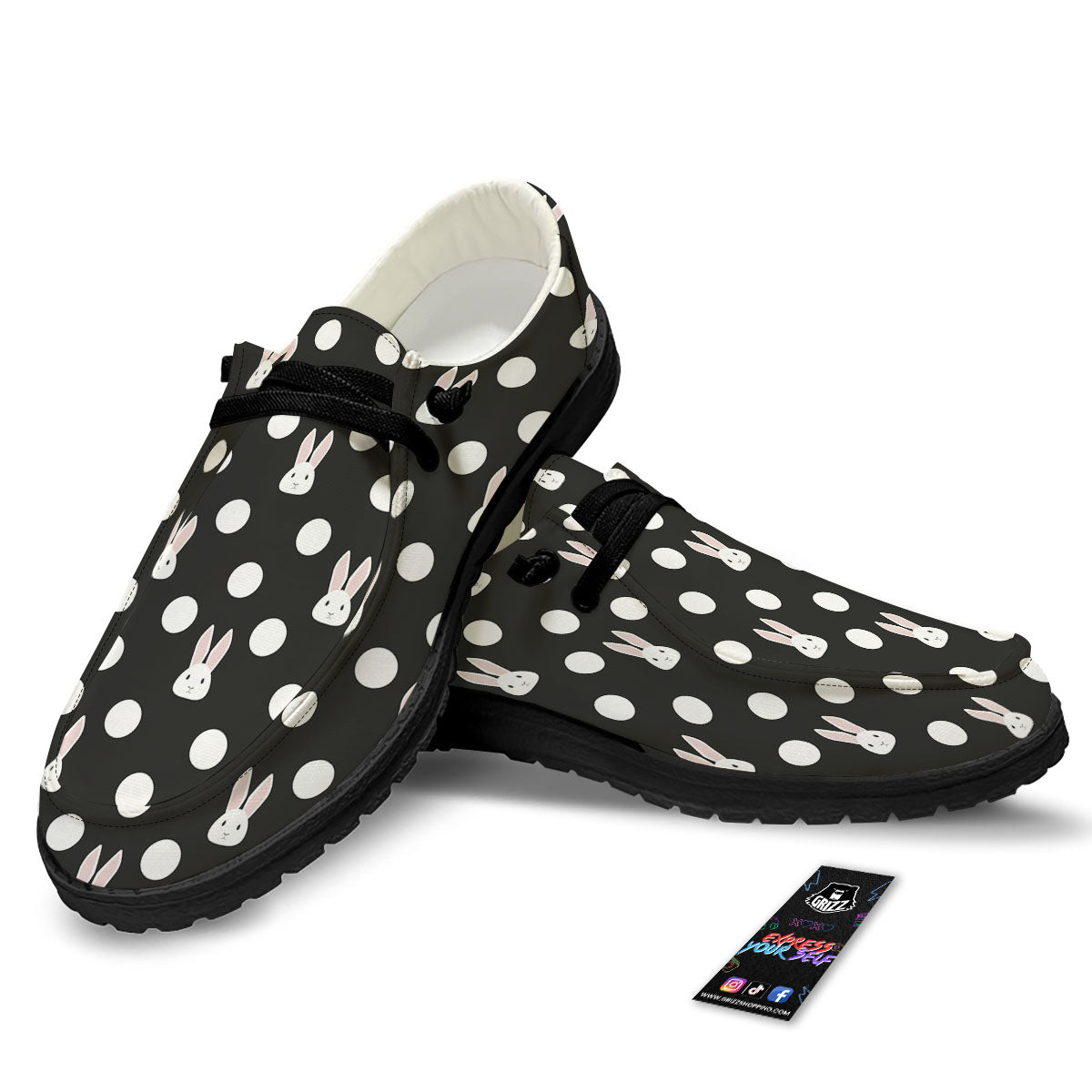 Rabbit Polka Dot Print Pattern Black Loafers-grizzshop