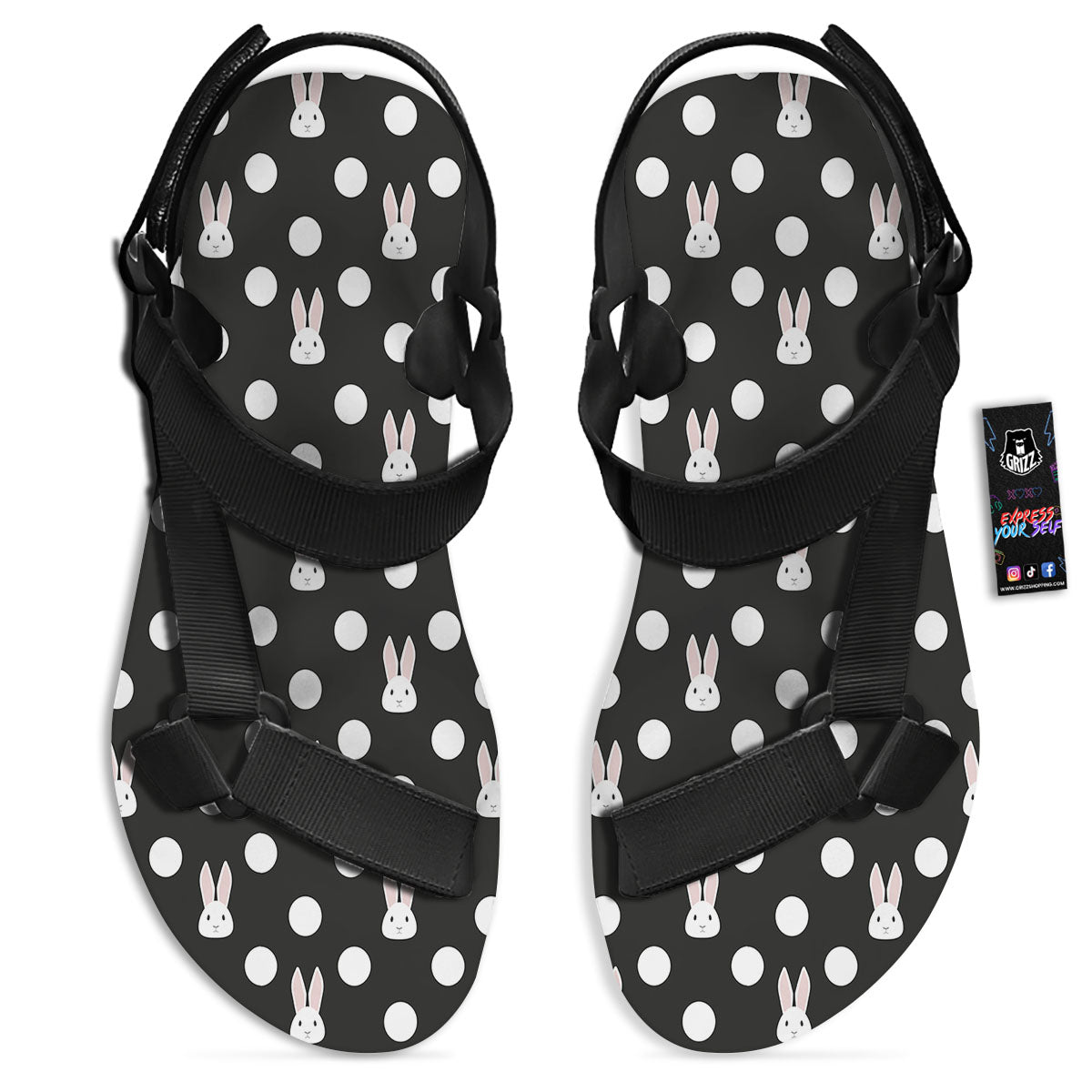 Rabbit Polka Dot Print Pattern Black Open Toe Sandals-grizzshop
