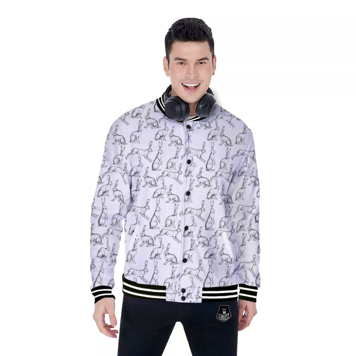 Rabbit White And Black Print Pattern Baseball Jacket-grizzshop