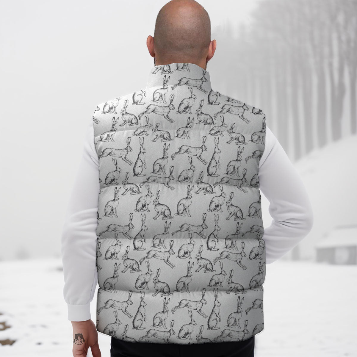 Rabbit White And Black Print Pattern Down Vest-grizzshop