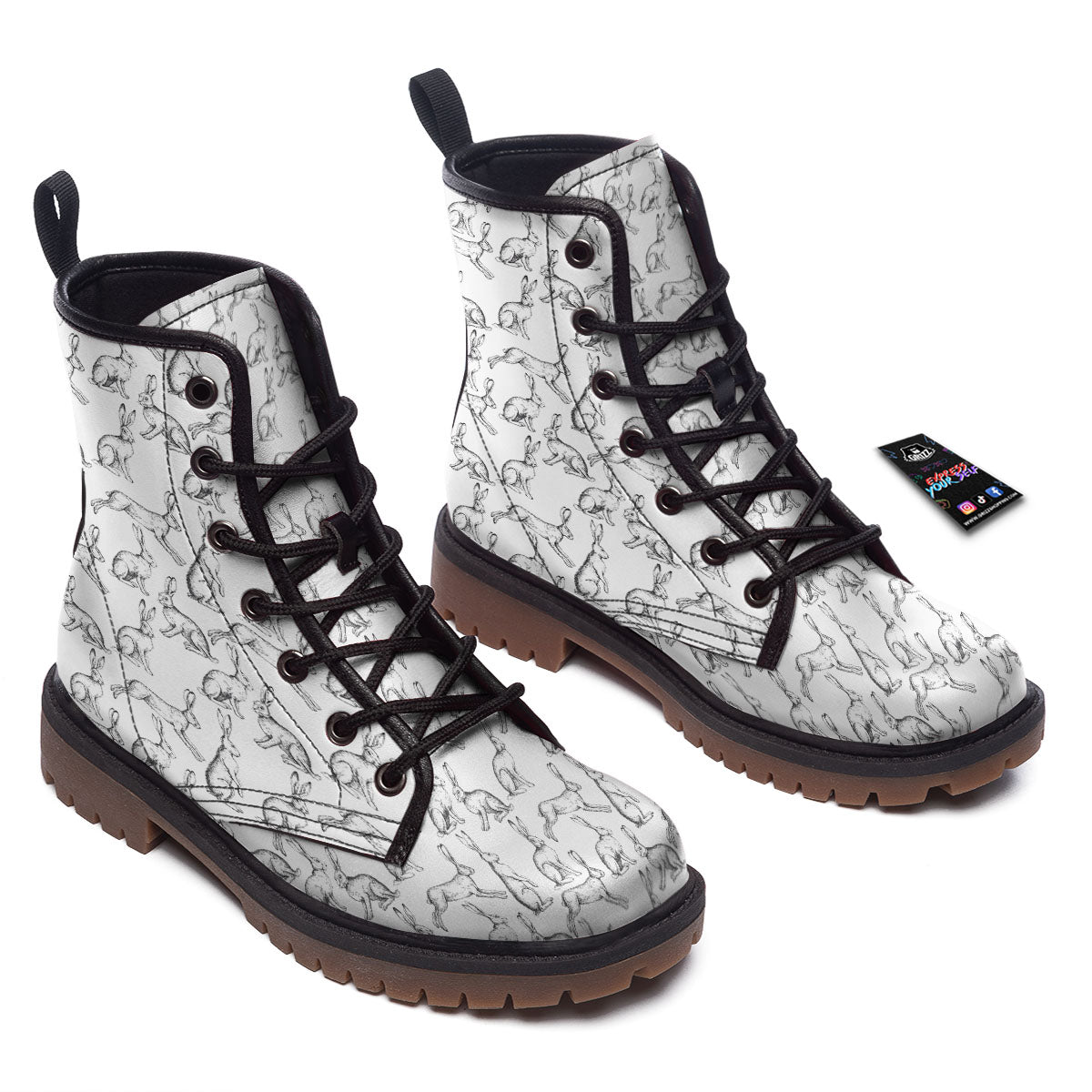 Rabbit White And Black Print Pattern Work Boots-grizzshop