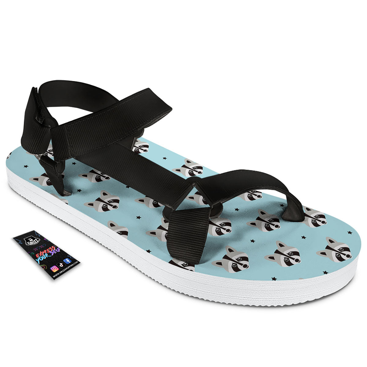 Raccoon Cartoon Print Pattern Black Open Toe Sandals-grizzshop