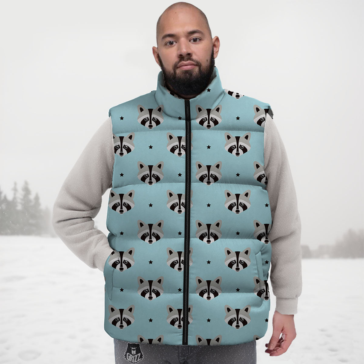 Raccoon Cartoon Print Pattern Down Vest