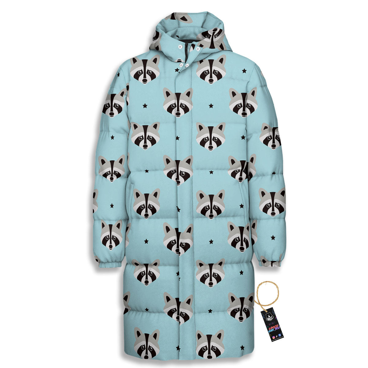 Raccoon Cartoon Print Pattern Long Down Jacket-grizzshop