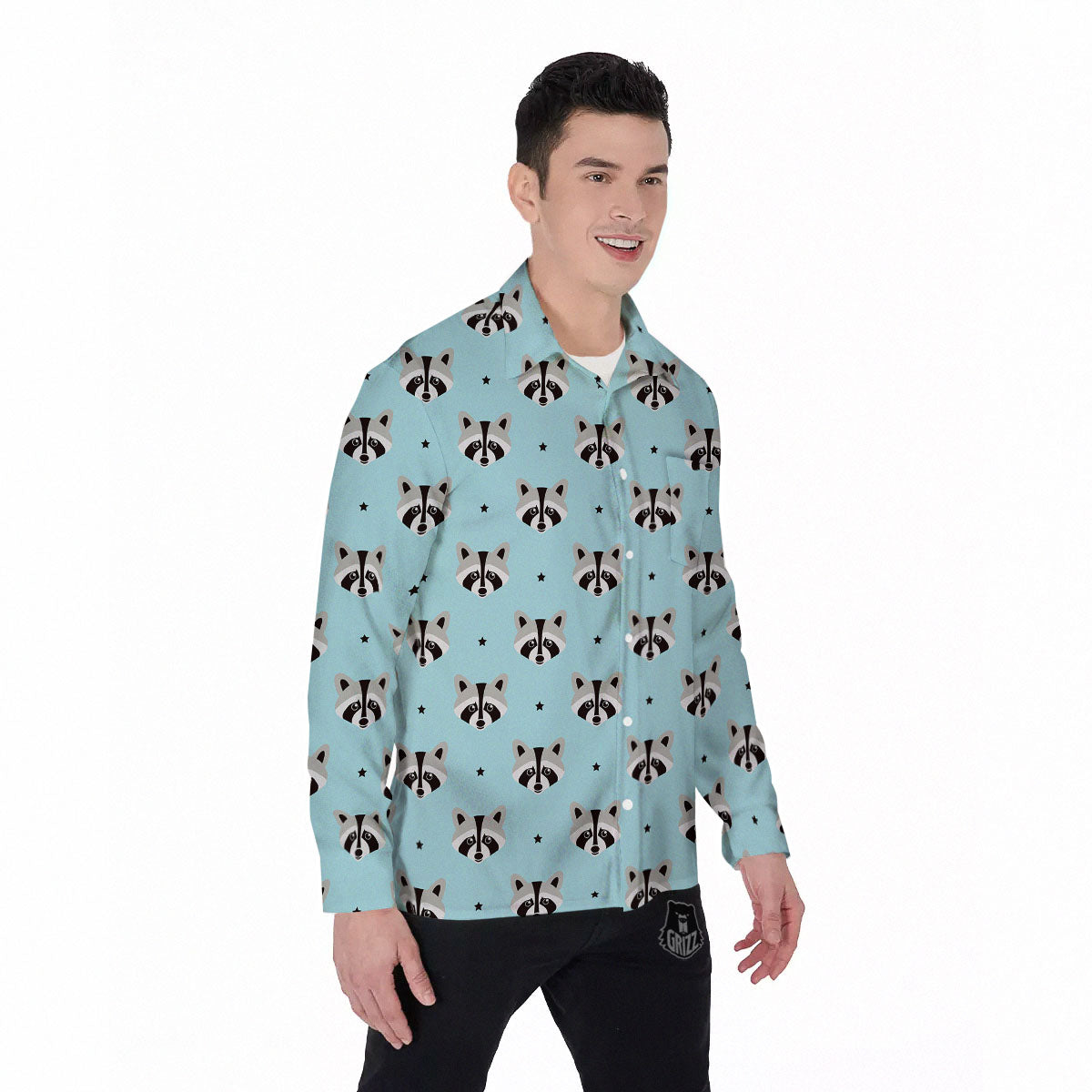 Raccoon Cartoon Print Pattern Men's Long Sleeve Shirts-grizzshop