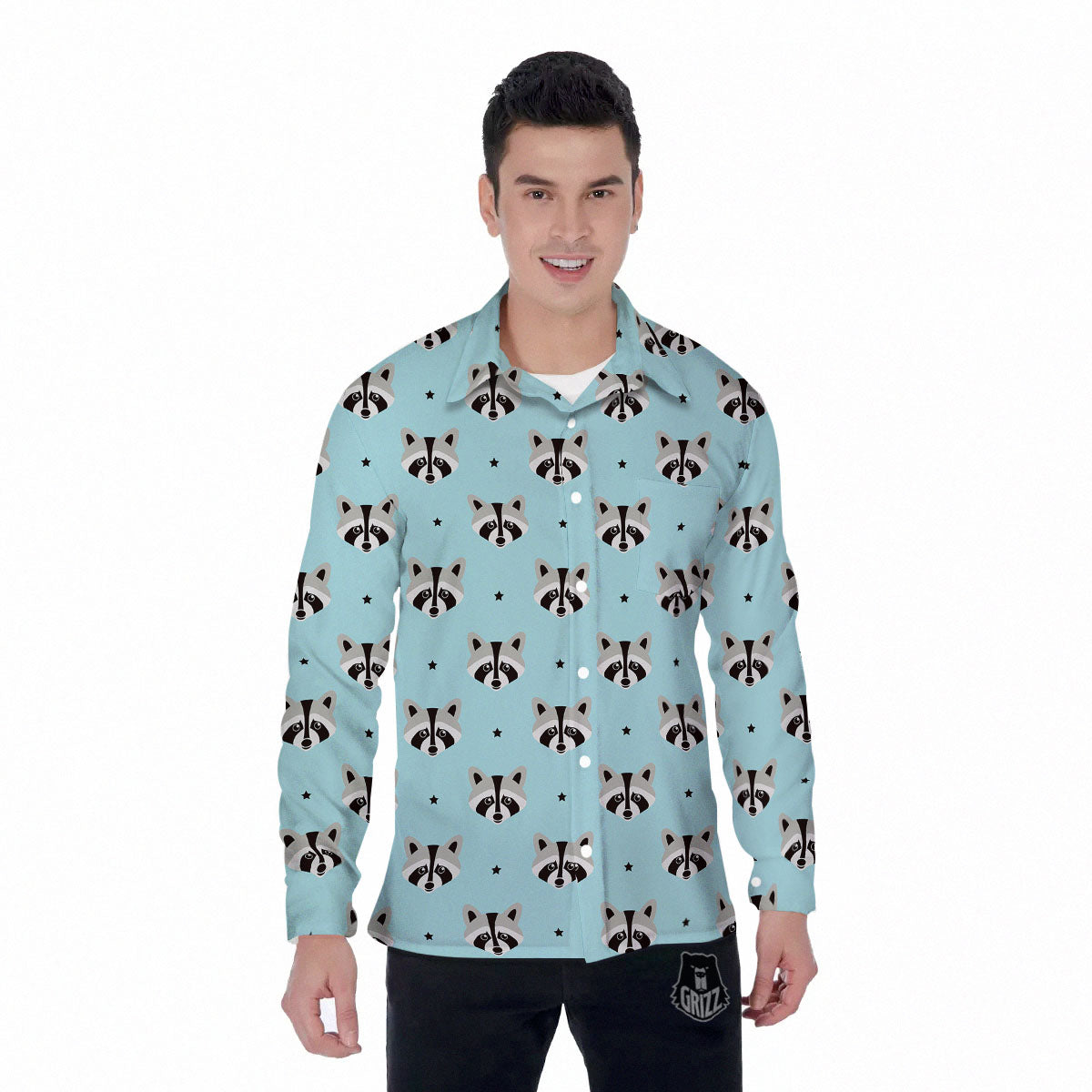 Raccoon Cartoon Print Pattern Men's Long Sleeve Shirts-grizzshop