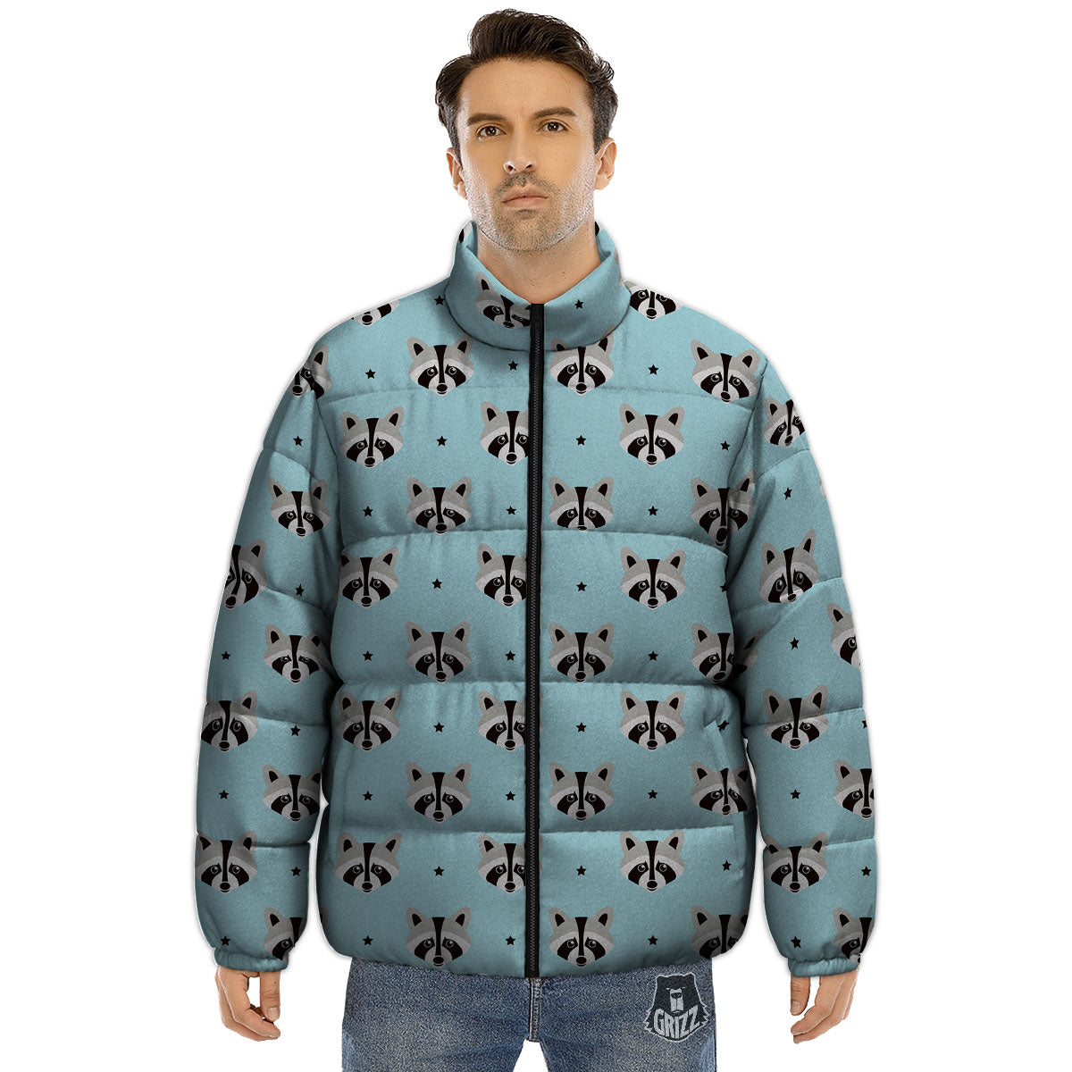 Raccoon Cartoon Print Pattern Puffer Jacket-grizzshop