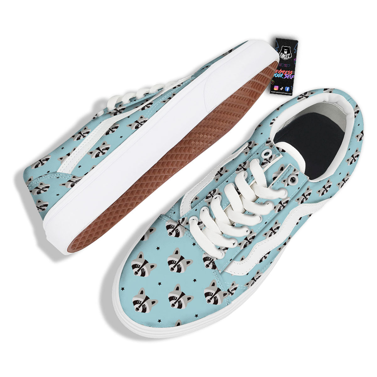 Raccoon Cartoon Print Pattern Skate Shoes-grizzshop