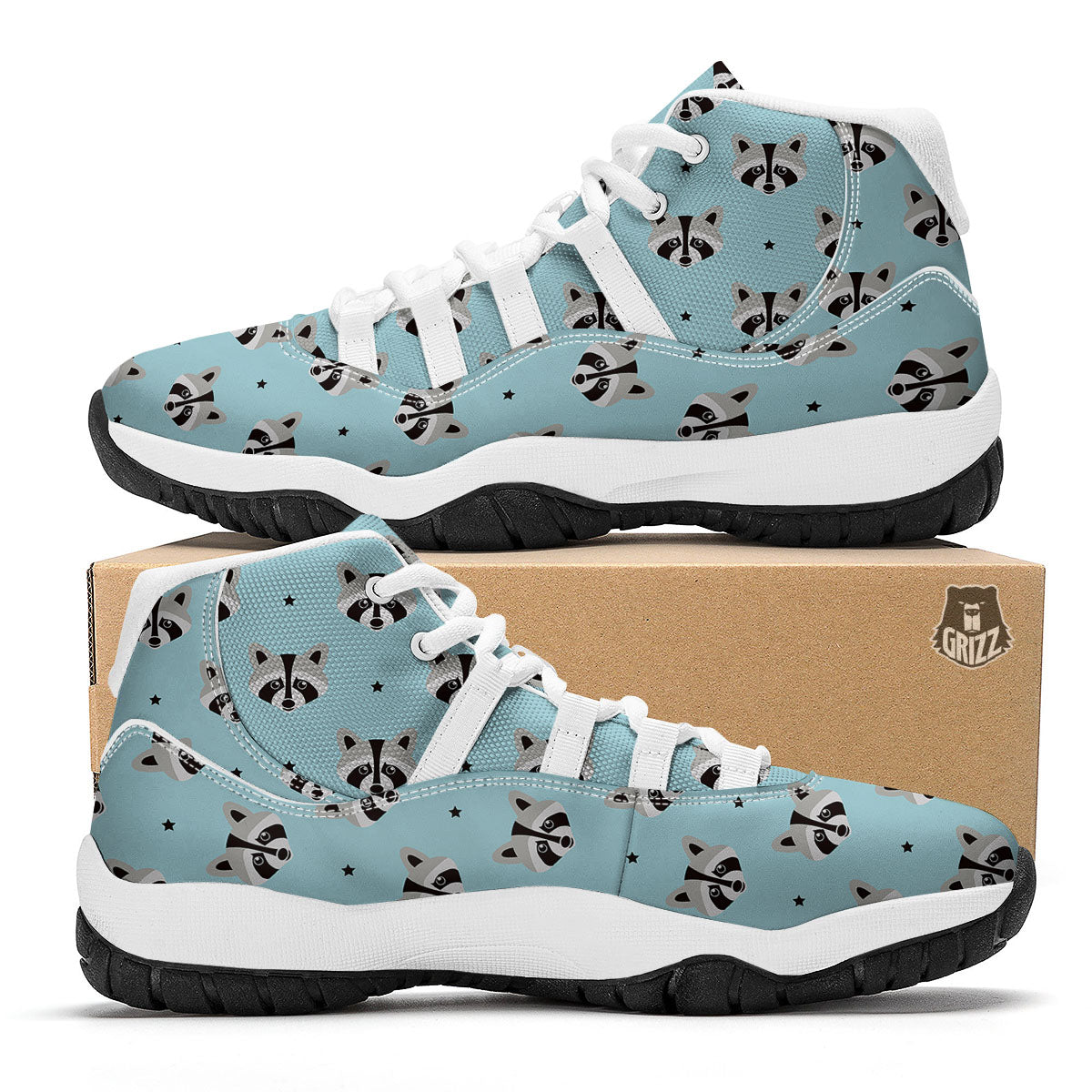 Raccoon Cartoon Print Pattern White Bball Shoes-grizzshop