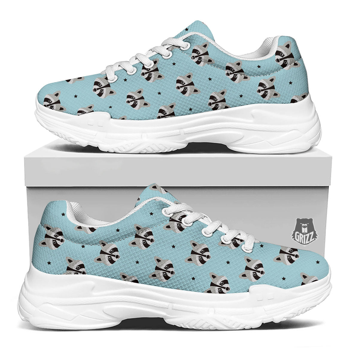 Raccoon Cartoon Print Pattern White Chunky Shoes-grizzshop