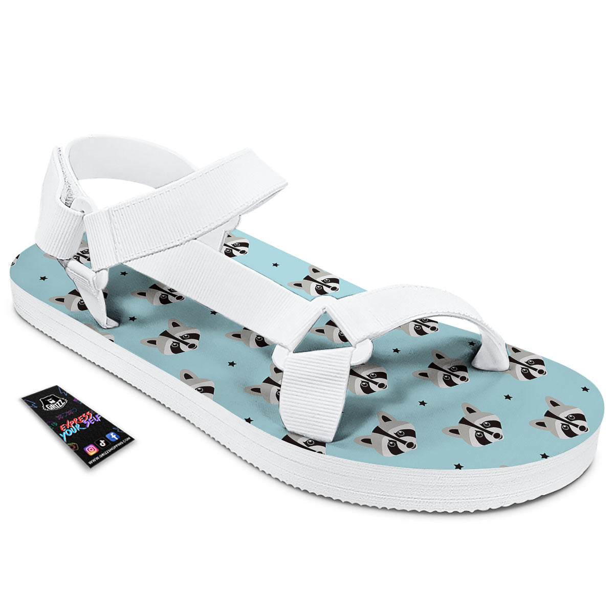 Raccoon Cartoon Print Pattern White Open Toe Sandals-grizzshop