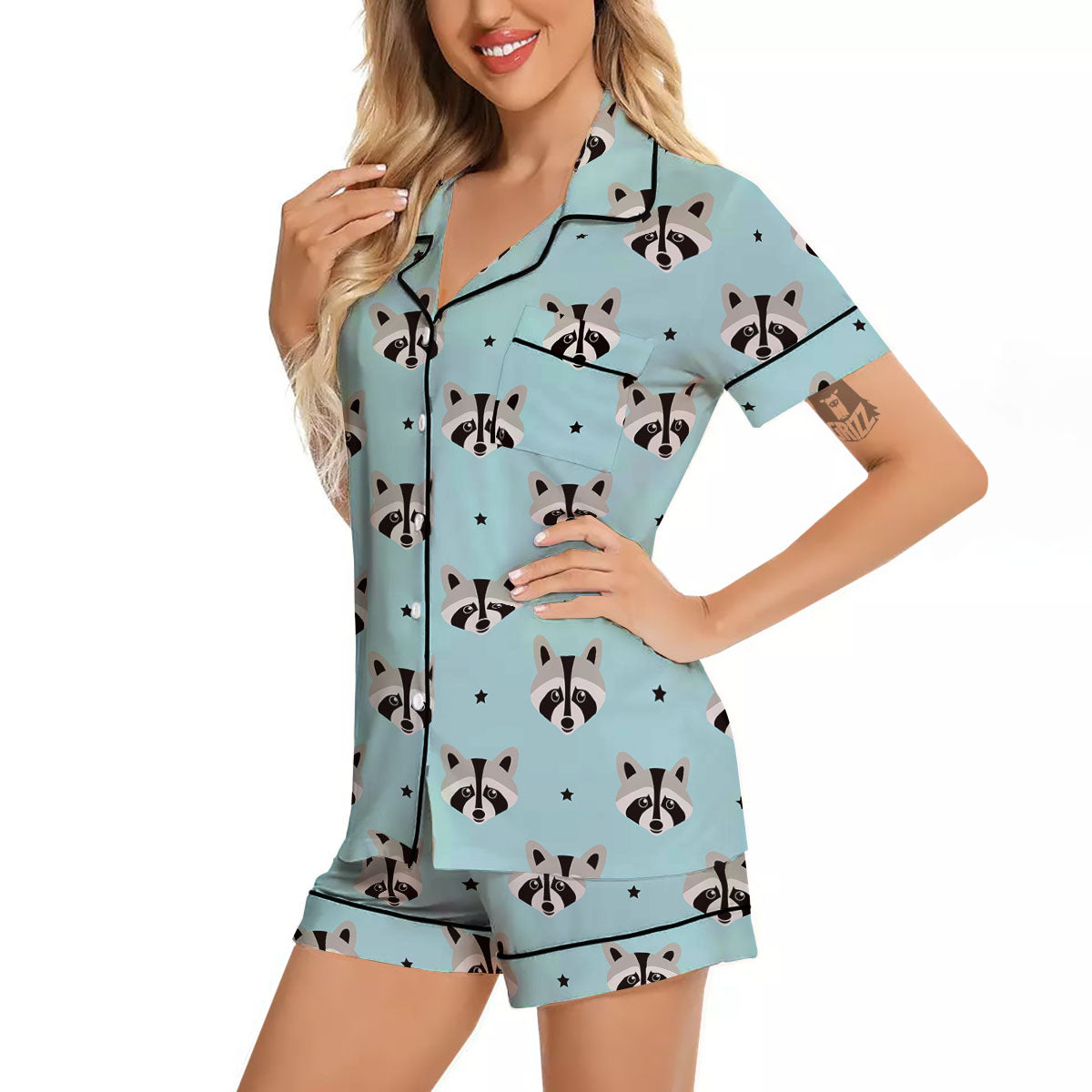 Raccoon Cartoon Print Pattern Women Silk Pajamas-grizzshop