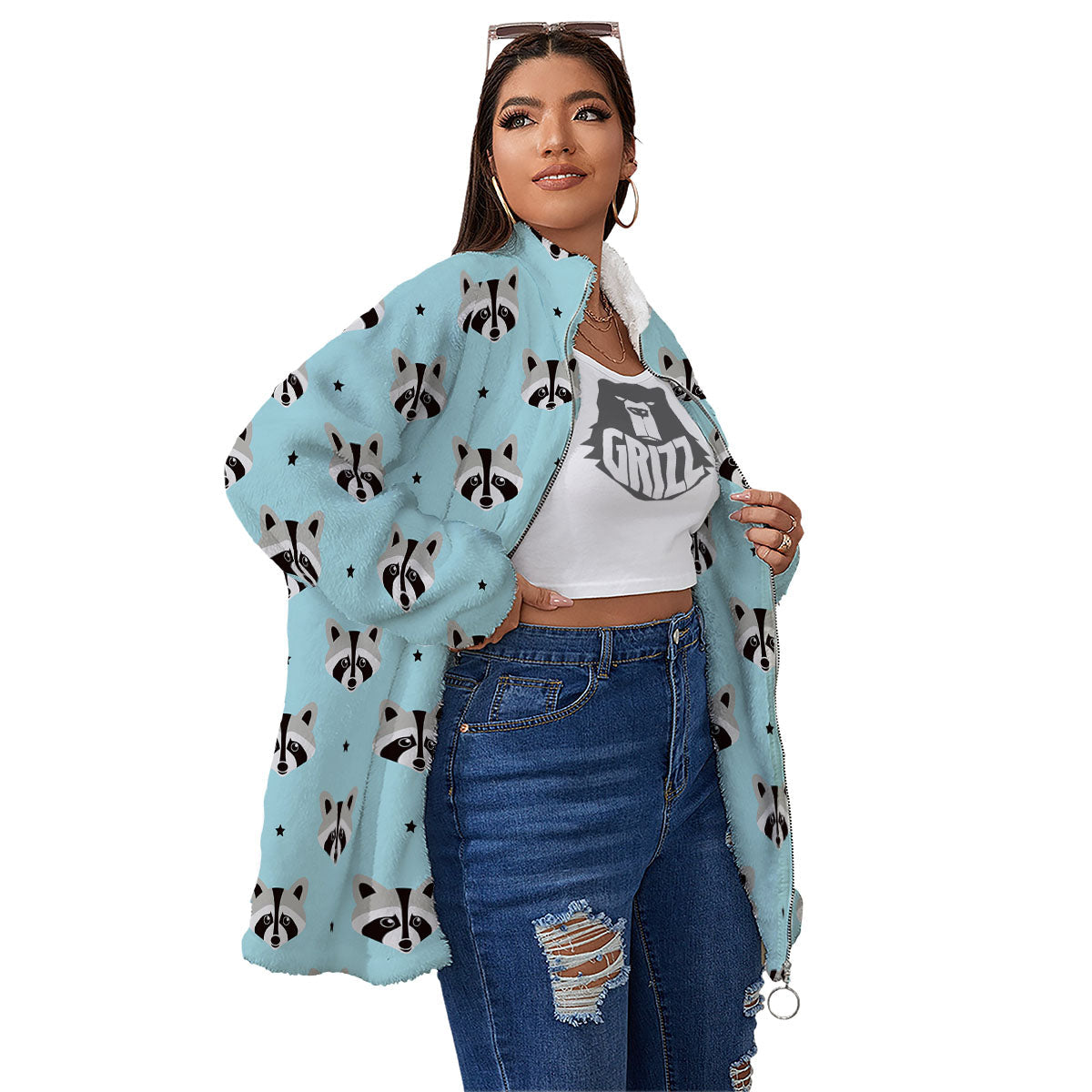 Raccoon Cartoon Print Pattern Women's Sherpa Jacket-grizzshop