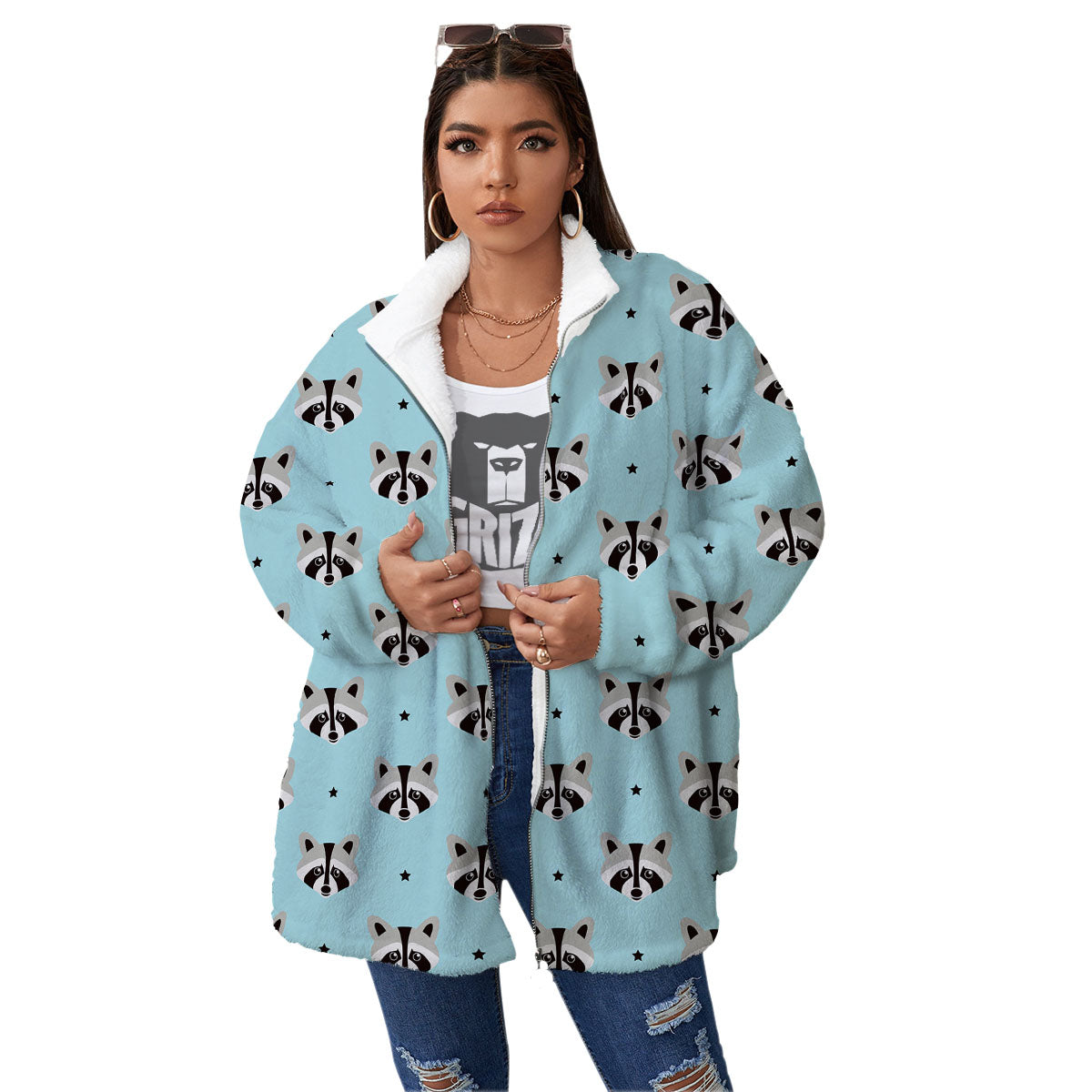 Raccoon Cartoon Print Pattern Women's Sherpa Jacket-grizzshop