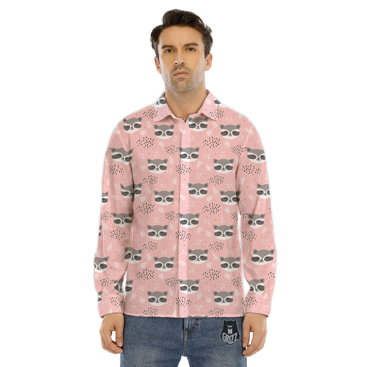Raccoon Cute Print Pattern Men's Dress Shirts-grizzshop