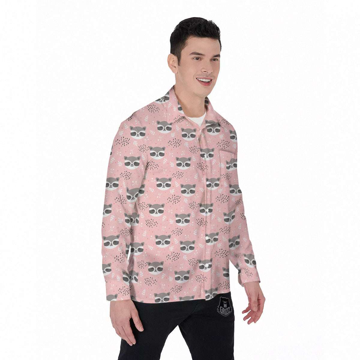 Raccoon Cute Print Pattern Men's Long Sleeve Shirts-grizzshop