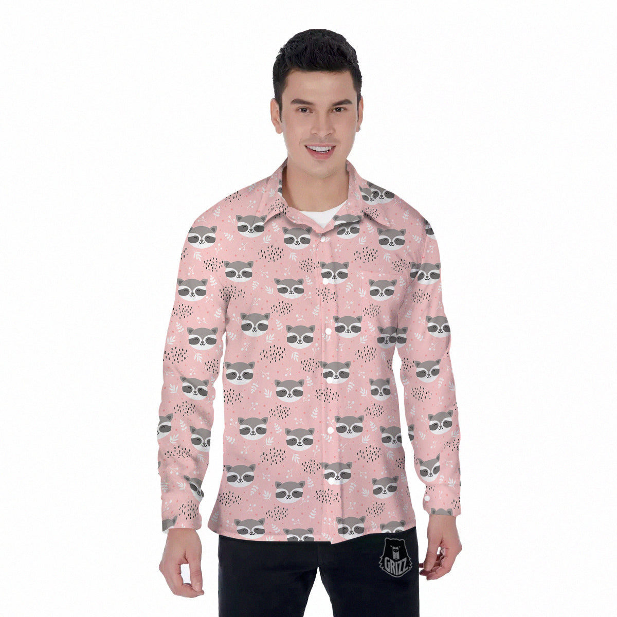 Raccoon Cute Print Pattern Men's Long Sleeve Shirts-grizzshop
