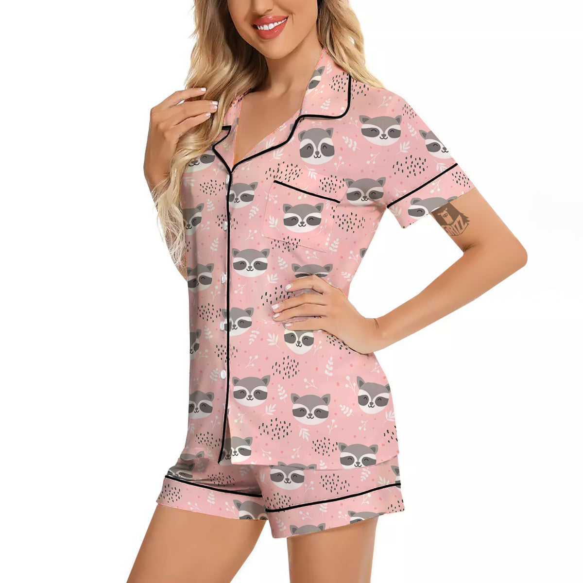 Raccoon Cute Print Pattern Women Silk Pajamas-grizzshop