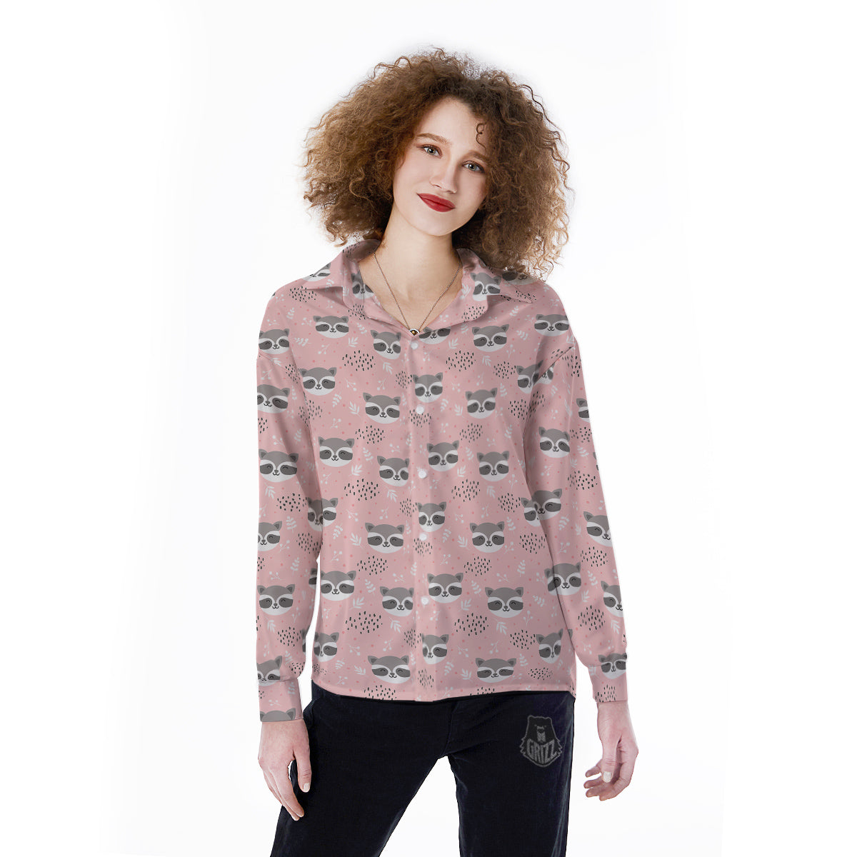 Raccoon Cute Print Pattern Women's Long Sleeve Shirts-grizzshop