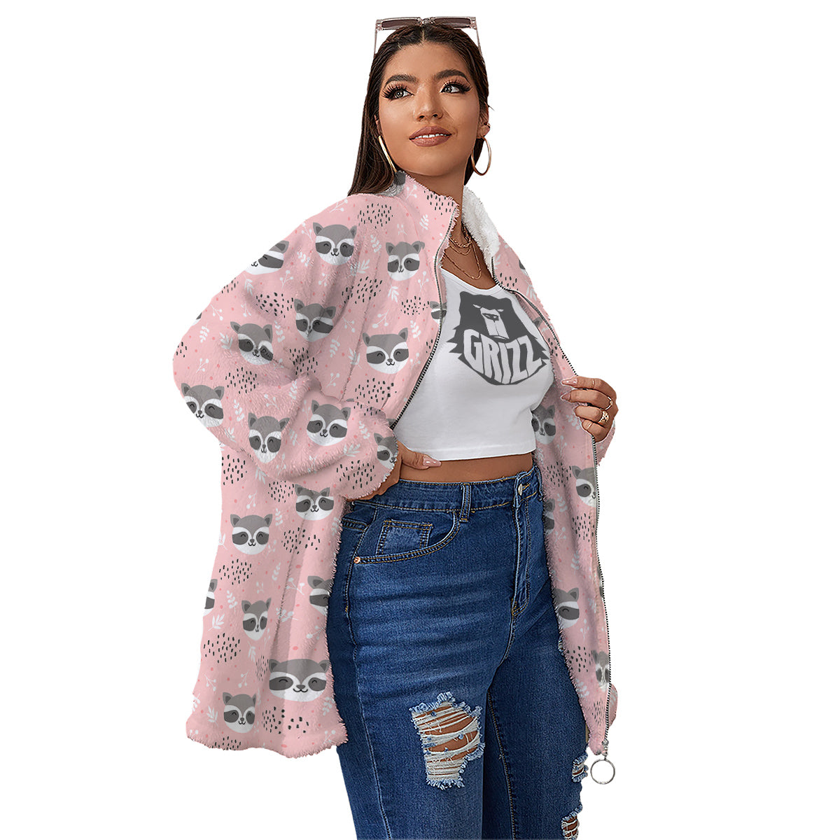 Raccoon Cute Print Pattern Women's Sherpa Jacket-grizzshop