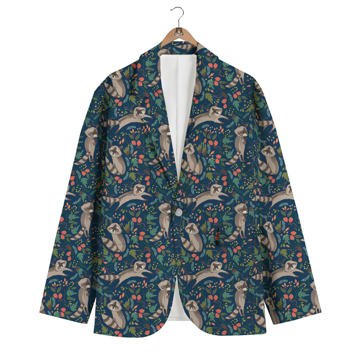 Raccoon Floral Pattern Print Men's Blazer-grizzshop