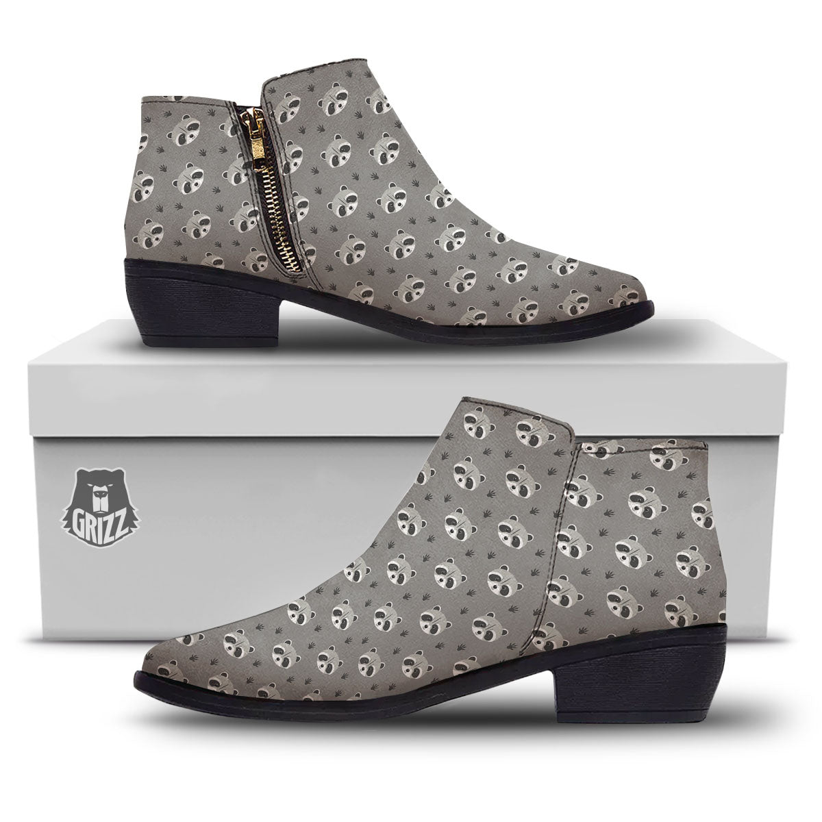 Raccoon Grey Print Pattern Ankle Boots-grizzshop