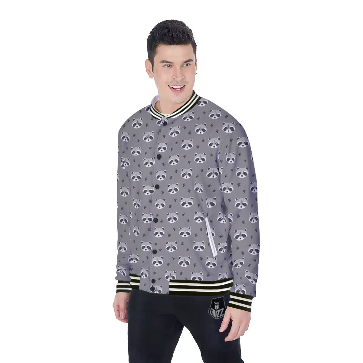 Raccoon Grey Print Pattern Baseball Jacket-grizzshop