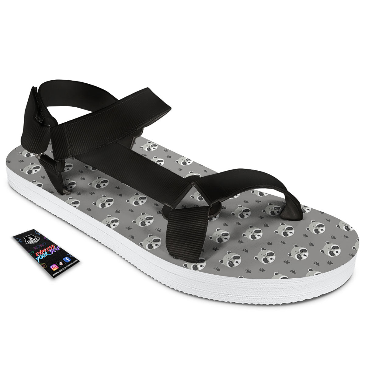 Raccoon Grey Print Pattern Black Open Toe Sandals-grizzshop