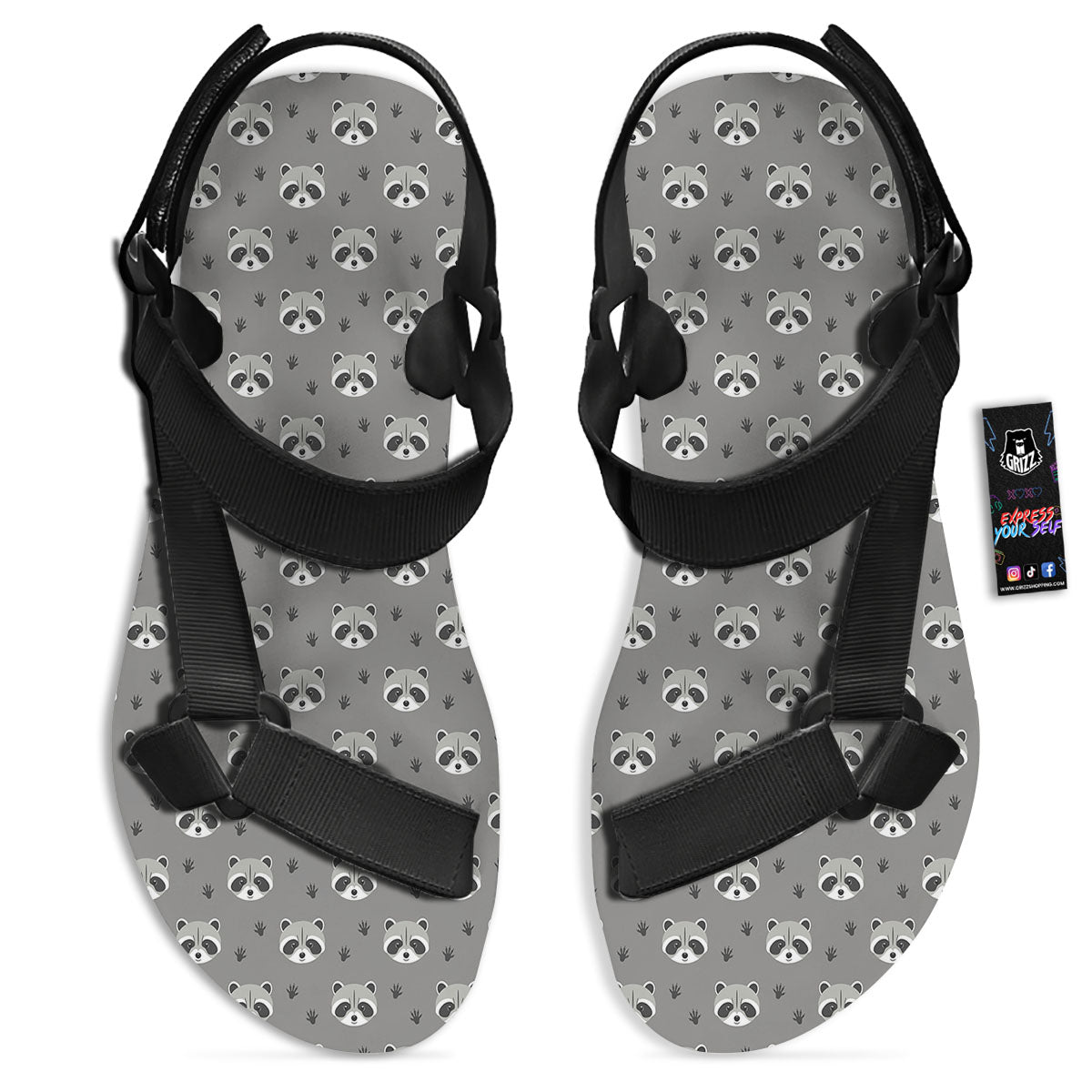 Raccoon Grey Print Pattern Black Open Toe Sandals-grizzshop