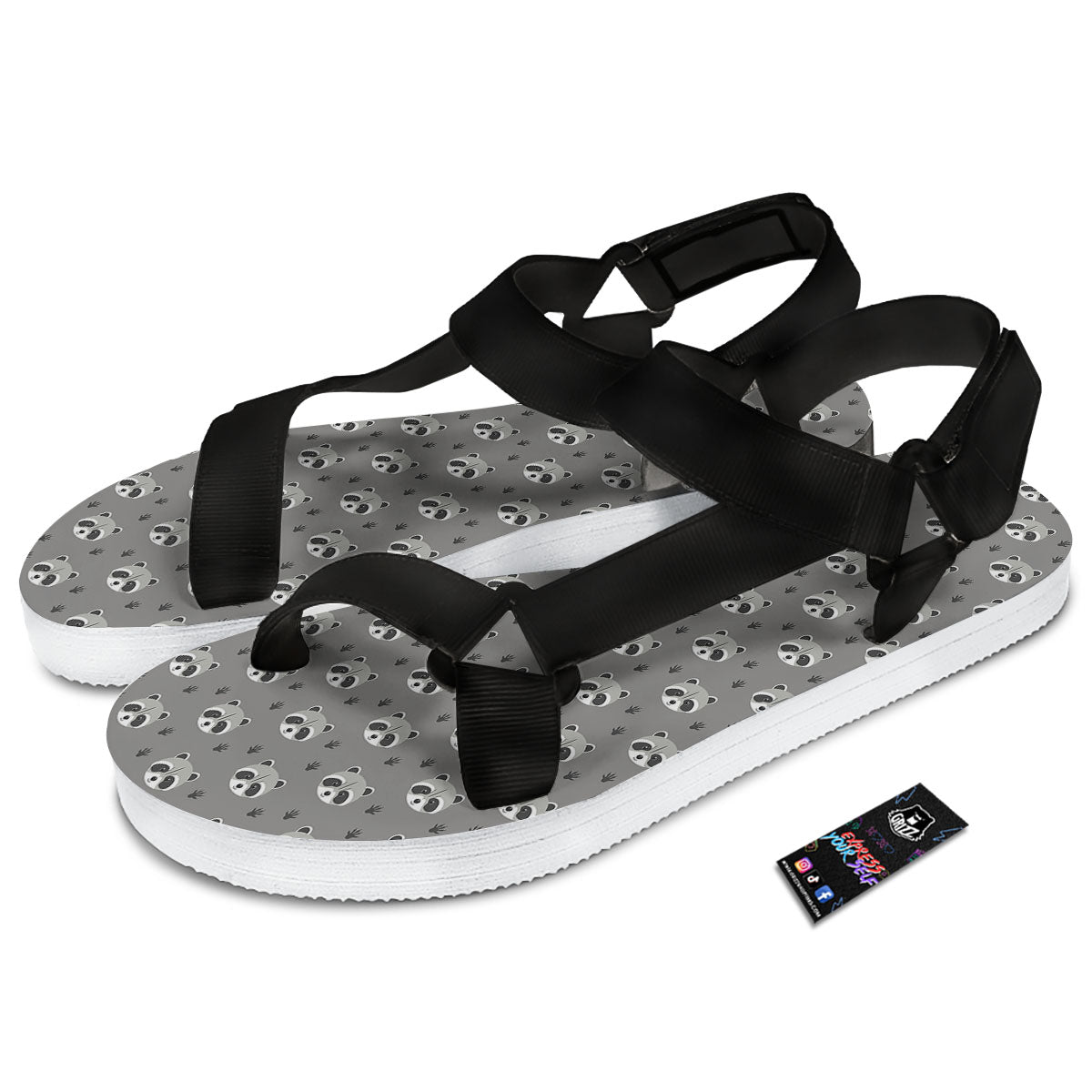 Raccoon Grey Print Pattern Black Open Toe Sandals-grizzshop