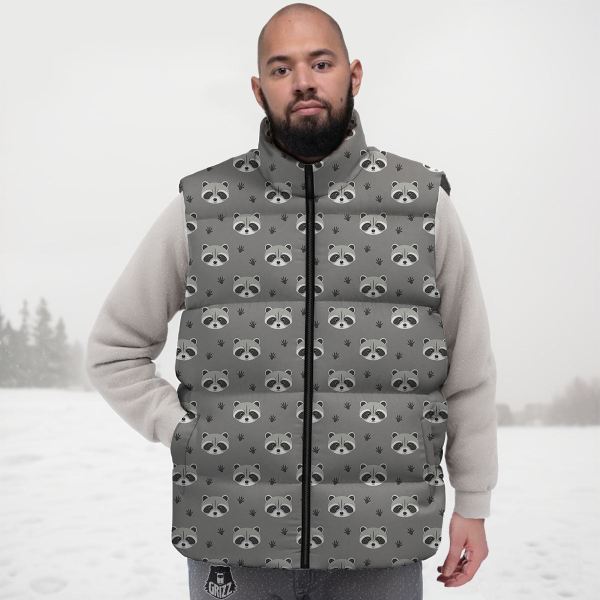 Raccoon Grey Print Pattern Down Vest