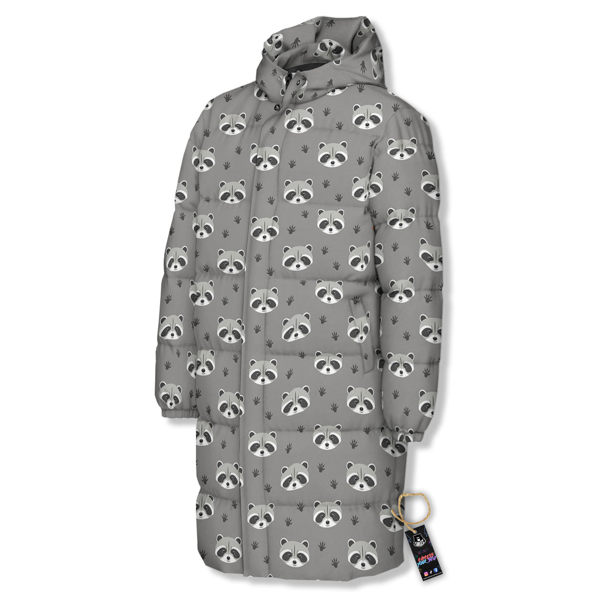 Raccoon Grey Print Pattern Long Down Jacket-grizzshop