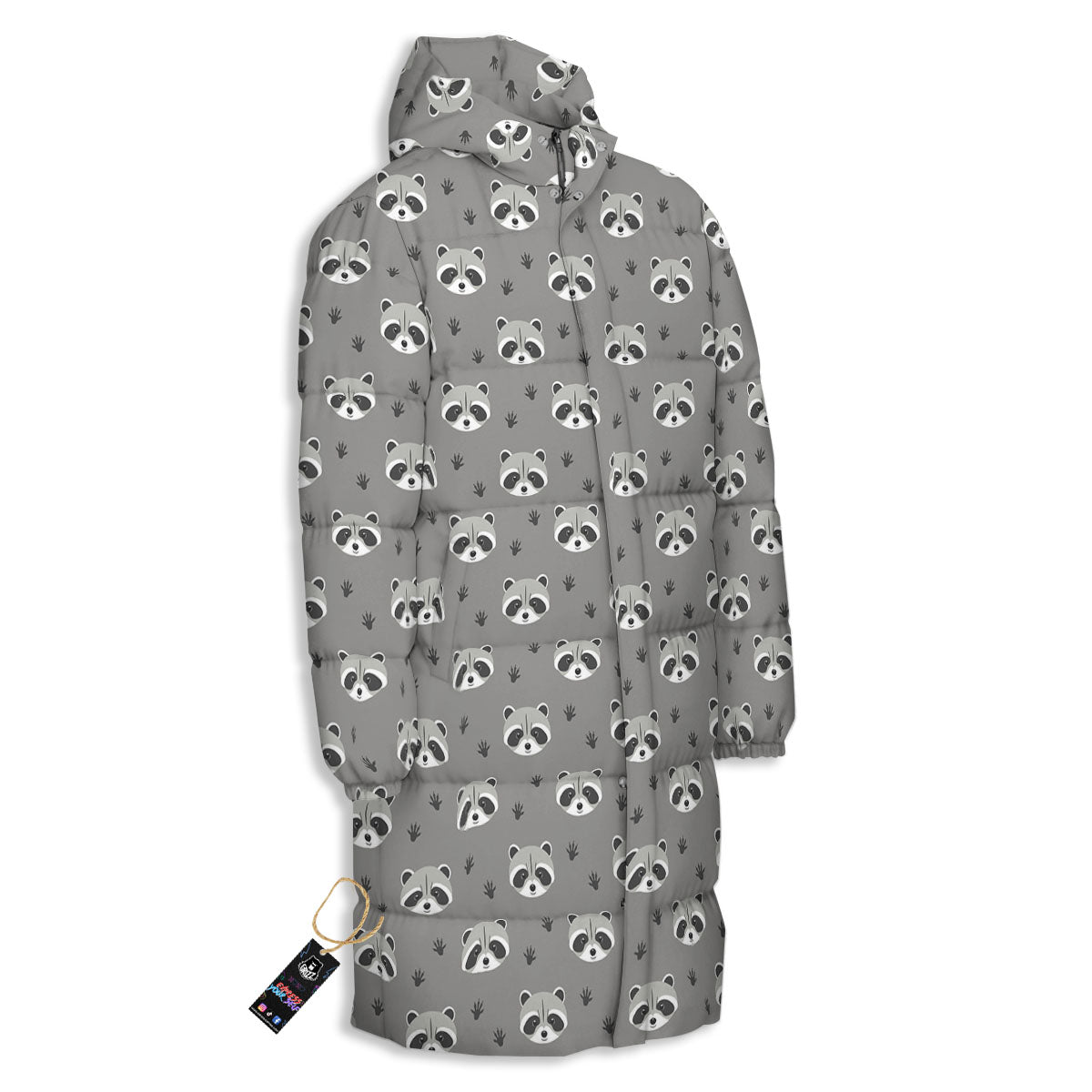 Raccoon Grey Print Pattern Long Down Jacket-grizzshop