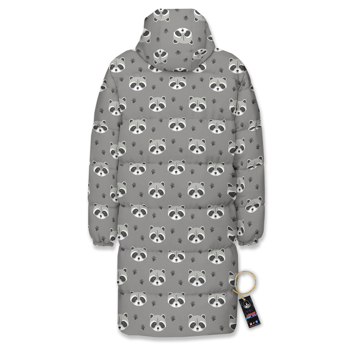 Raccoon Grey Print Pattern Long Down Jacket-grizzshop