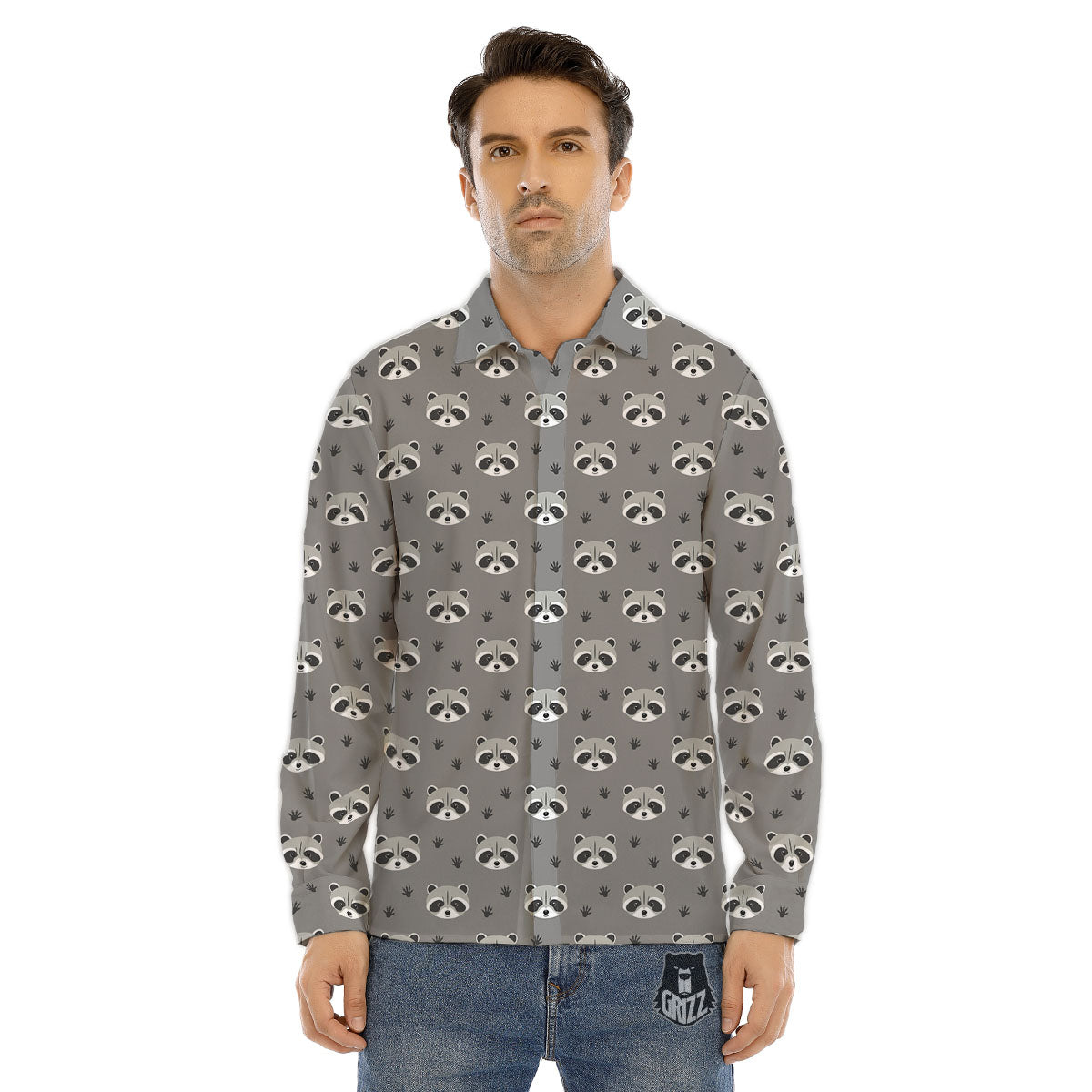 Raccoon Grey Print Pattern Men's Dress Shirts-grizzshop