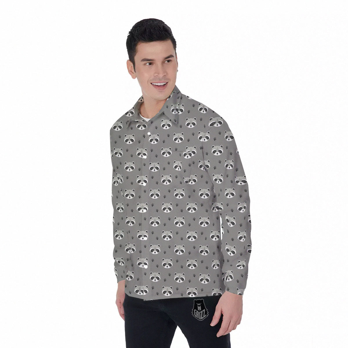 Raccoon Grey Print Pattern Men's Long Sleeve Shirts-grizzshop