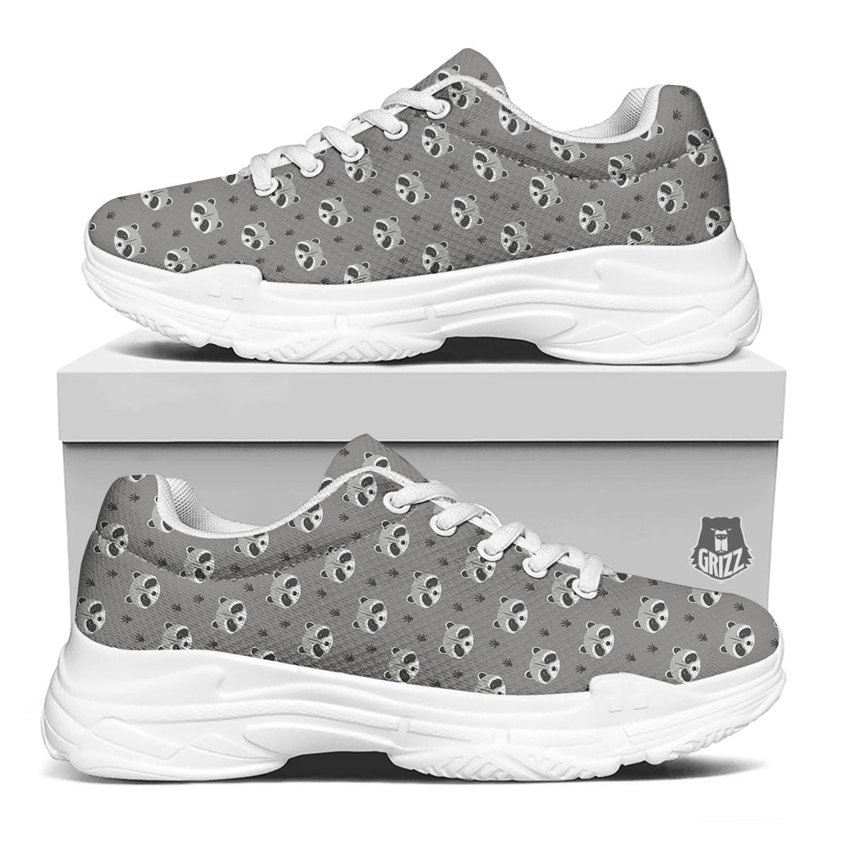 Raccoon Grey Print Pattern White Chunky Shoes-grizzshop